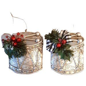 2 Large Silver Drum Christmas Tree Ornaments Embellished Music Musical